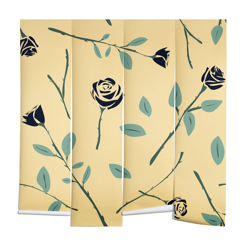 Lyman Creative Co Dark Forest Roses on Yellow Wall Mural