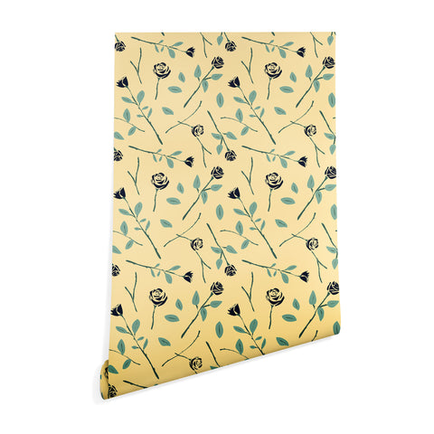 Lyman Creative Co Dark Forest Roses on Yellow Wallpaper