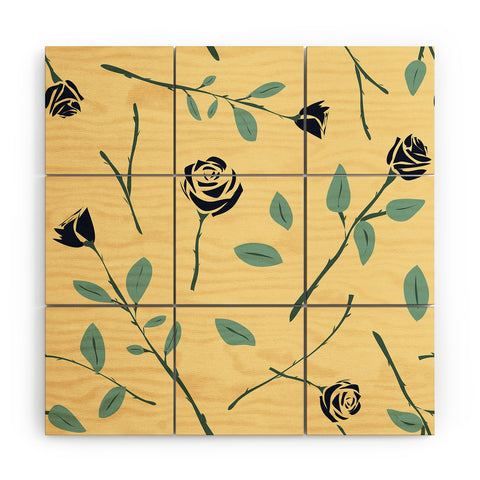 Lyman Creative Co Dark Forest Roses on Yellow Wood Wall Mural