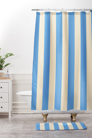 Lyman Creative Co Retro Coastal Blue and White Shower Curtain And Mat