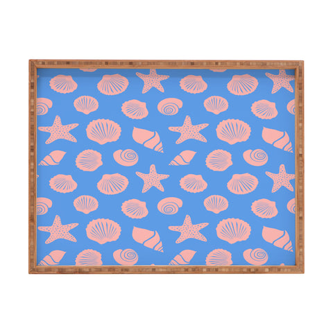 Lyman Creative Co Retro Coastal Shells on Blue Rectangular Tray