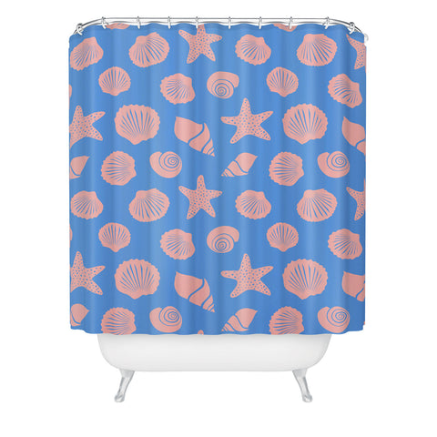 Lyman Creative Co Retro Coastal Shells on Blue Shower Curtain