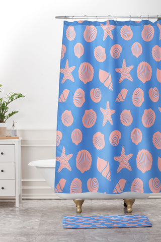 Lyman Creative Co Retro Coastal Shells on Blue Shower Curtain And Mat