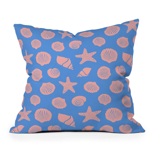Lyman Creative Co Retro Coastal Shells on Blue Outdoor Throw Pillow