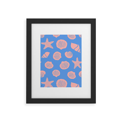 Lyman Creative Co Retro Coastal Shells on Blue Framed Art Print