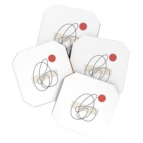 Mambo Art Studio Abstract Lines Red Dot Coaster Set