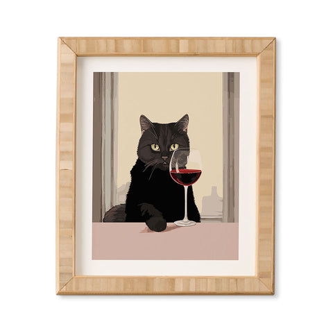Mambo Art Studio Black Cat with Wine Framed Wall Art