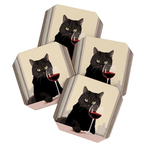 Mambo Art Studio Black Cat with Wine Coaster Set