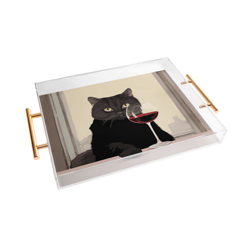 Mambo Art Studio Black Cat with Wine Acrylic Tray