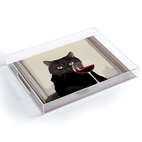 Mambo Art Studio Black Cat with Wine Acrylic Tray