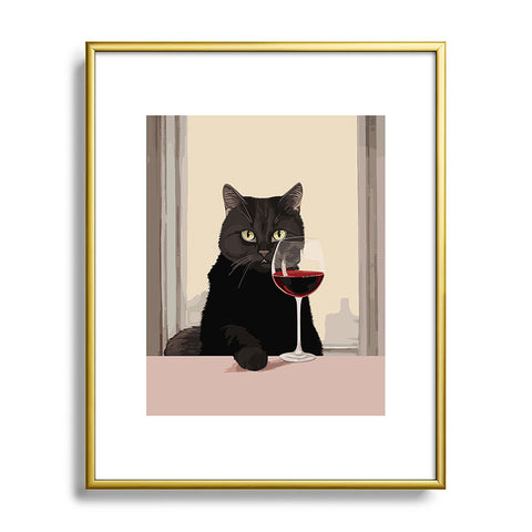 Mambo Art Studio Black Cat with Wine Metal Framed Art Print