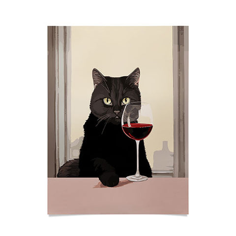 Mambo Art Studio Black Cat with Wine Poster