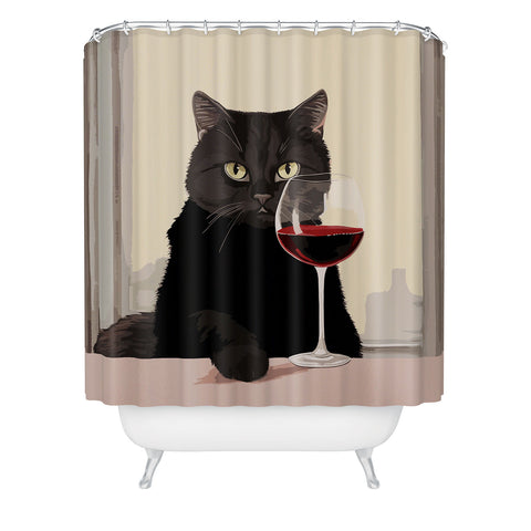 Mambo Art Studio Black Cat with Wine Shower Curtain