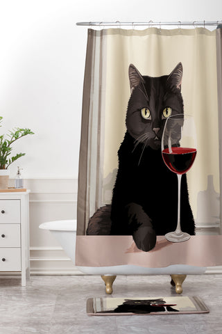Mambo Art Studio Black Cat with Wine Shower Curtain And Mat