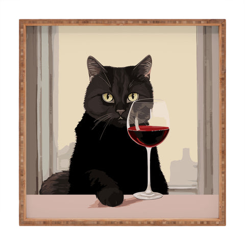 Mambo Art Studio Black Cat with Wine Square Tray