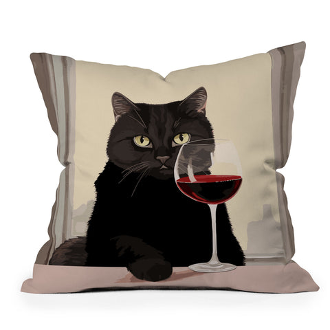 Mambo Art Studio Black Cat with Wine Throw Pillow