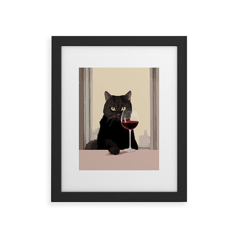 Mambo Art Studio Black Cat with Wine Framed Art Print