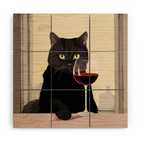Mambo Art Studio Black Cat with Wine Wood Wall Mural
