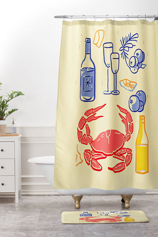 Mambo Art Studio Crab and Wine Kitchen Art Shower Curtain And Mat
