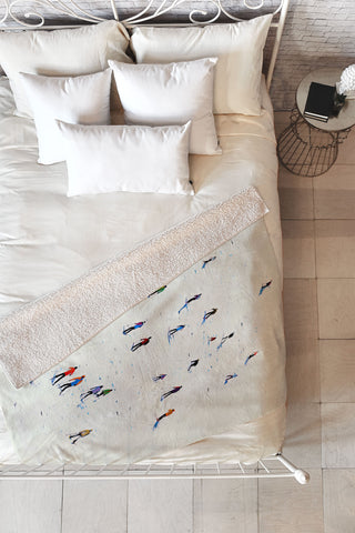 Mambo Art Studio Skiers In Crayon Fleece Throw Blanket