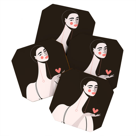 Maritza Lisa Girl With Pink Heart Coaster Set