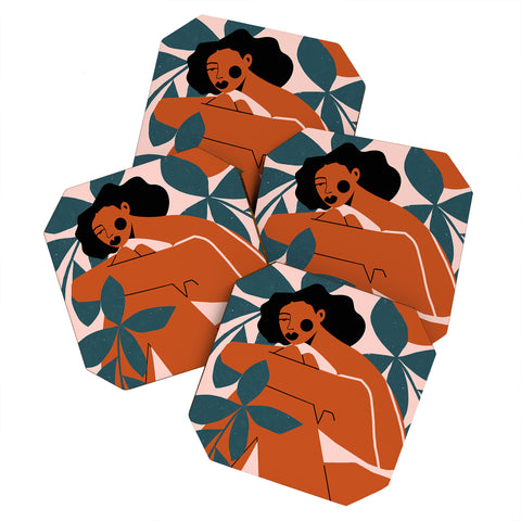Maritza Lisa Pink Bikini Dark Green Flower Coaster Set