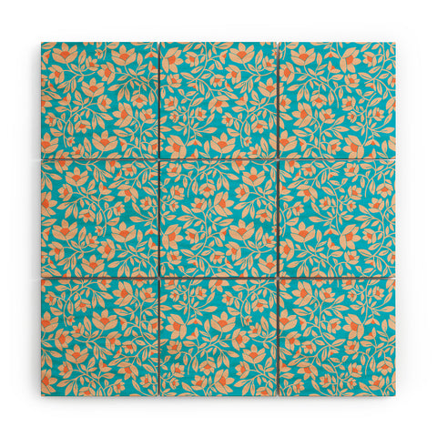 Maritza Lisa Tropical Blooms Pattern Blue Wood Wall Mural