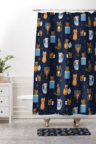 Marni Hanukkah Cats Shower Curtain And Mat