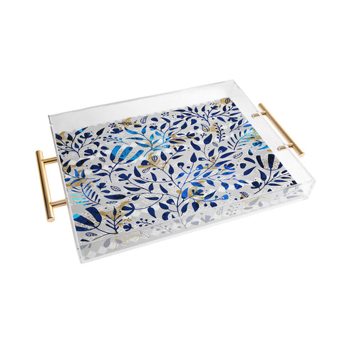 Marta Barragan Camarasa Abstract nature with golden birds Acrylic Tray