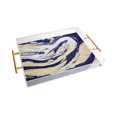 Marta Barragan Camarasa Abstract painting of blue and golden waves Acrylic Tray