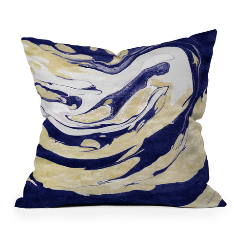 Marta Barragan Camarasa Abstract painting of blue and golden waves Outdoor Throw Pillow