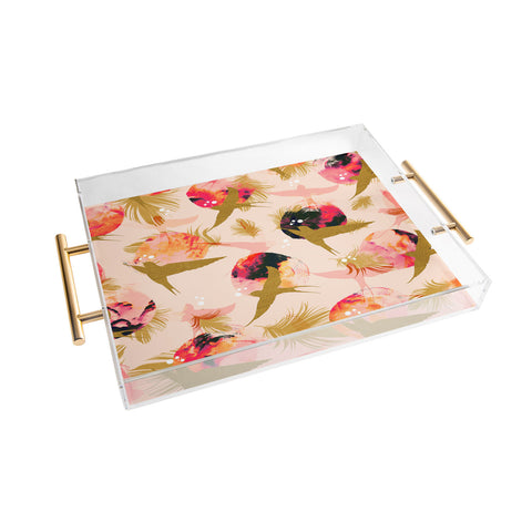 Marta Barragan Camarasa Bird flying with sunset and feathers Acrylic Tray