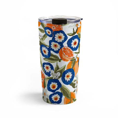 Marta Barragan Camarasa Blue flowers on orange B Travel Mug