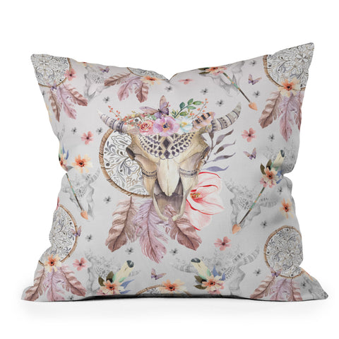 Marta Barragan Camarasa Bohemian dreamcatcher and skull floral Outdoor Throw Pillow