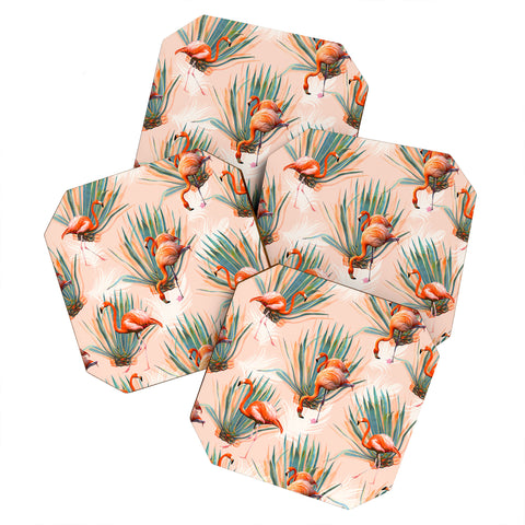 Marta Barragan Camarasa Flamingos pattern with cactus Coaster Set