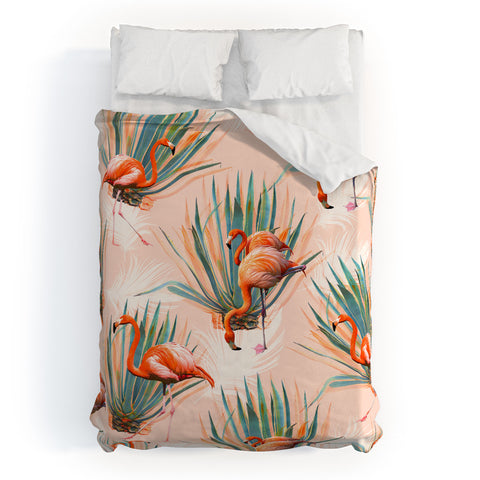 Marta Barragan Camarasa Flamingos pattern with cactus Duvet Cover