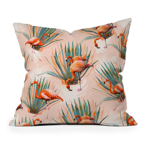Marta Barragan Camarasa Flamingos pattern with cactus Outdoor Throw Pillow
