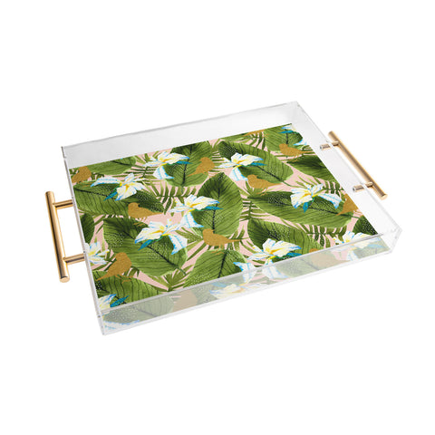 Marta Barragan Camarasa Golden birds in the rainforest Acrylic Tray