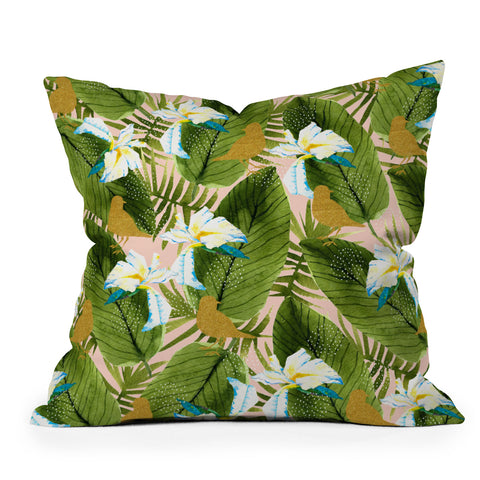 Marta Barragan Camarasa Golden birds in the rainforest Outdoor Throw Pillow