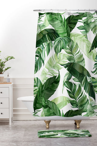 Marta Barragan Camarasa Green leaf watercolor pattern Shower Curtain And Mat