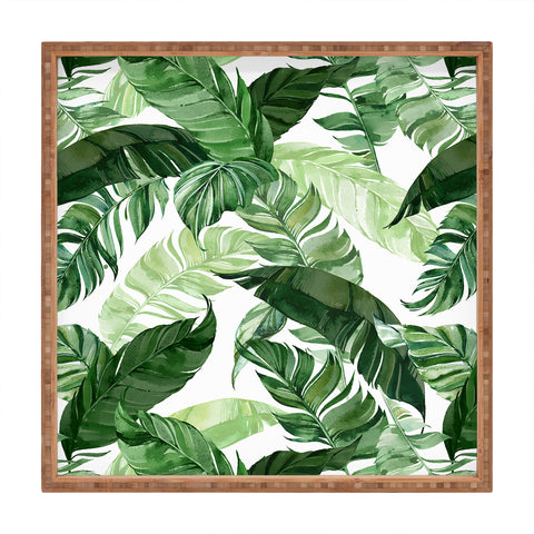 Marta Barragan Camarasa Green leaf watercolor pattern Square Tray