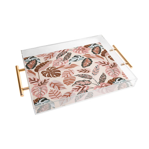 Marta Barragan Camarasa Pink tropical jungle leaves Acrylic Tray