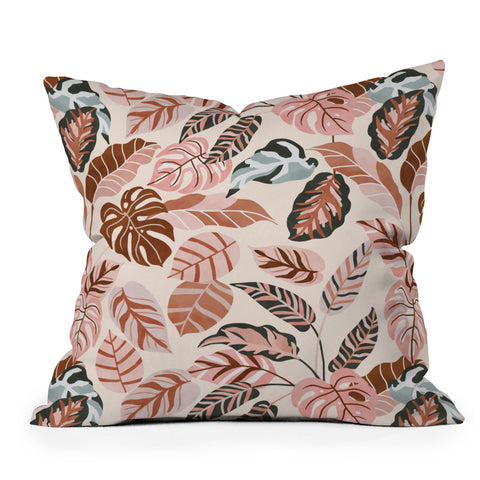 Marta Barragan Camarasa Pink tropical jungle leaves Outdoor Throw Pillow