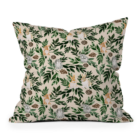 Marta Barragan Camarasa Rabbits in the green forest Outdoor Throw Pillow
