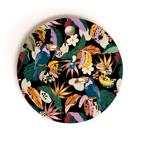Marta Barragan Camarasa Toucans colorful dark jungle A Cutting Board Round