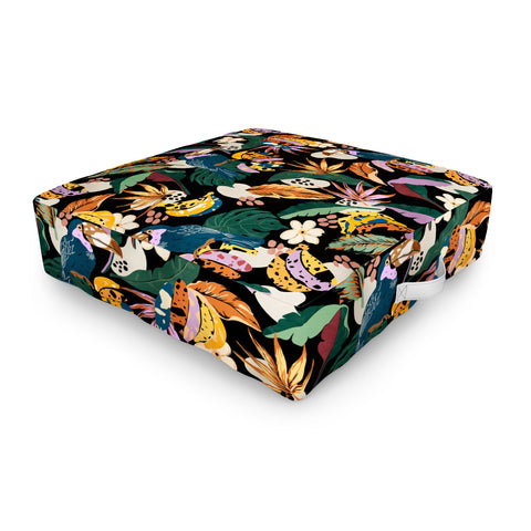 Marta Barragan Camarasa Toucans colorful dark jungle A Outdoor Floor Cushion