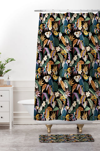 Marta Barragan Camarasa Toucans colorful dark jungle A Shower Curtain And Mat