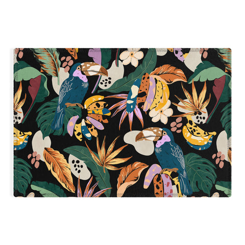 Marta Barragan Camarasa Toucans colorful dark jungle A Outdoor Rug