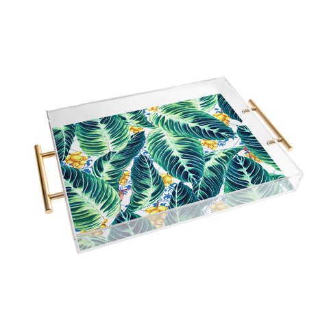 Marta Barragan Camarasa Tropical leaf on ornamental pattern Acrylic Tray