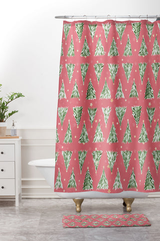 marufemia Holiday christmas tree over pink Shower Curtain And Mat
